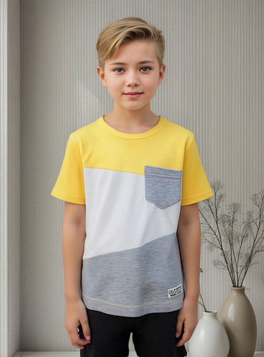 Camiseta De Manga Corta Con Cuello Redondo Y Empalme Para Ni
