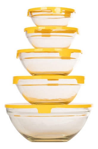 Set De 5 Bowls De Cristal Con Tapa De Plástico Amarillo