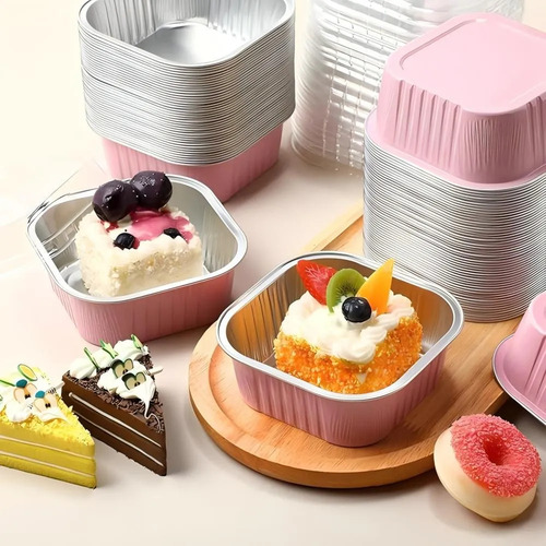 BANNA 50 Molde Para Tarta De Aluminio Desechable Con Tapa+cuchara,5 oz Mini Moldes para Tartas, Moldes Cuadrados de Foil para Tartas de Bodas, Fiestas y Cumpleaños, 9*9*3.5cm,Rosa