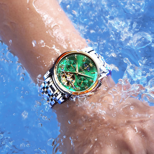 Reloj Olevs Green Automatic Mechanical Moon Phase Para Hombr