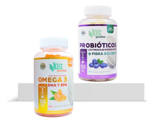 Kit Probióticos + Omega, 120 Gomitas Por Frasco Sabor Arándano
