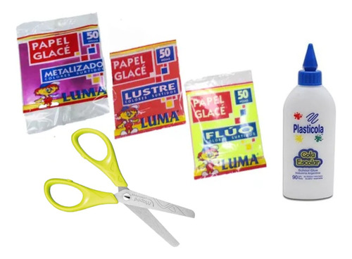 Kit Escolar Papel Glacé Metal Lustre Flúo Tijera Plasticola