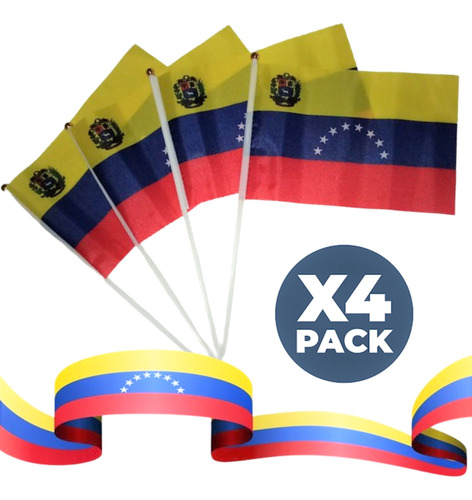 Pack 4 Mini Bandera De Venezuela De 21 X 14cm Y Asta 30cm