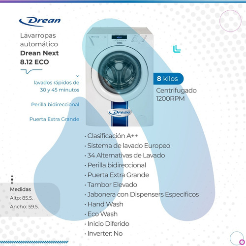 Lavarropas Automático Drean Next 8.12 Eco Wash 8kg 1200rpm