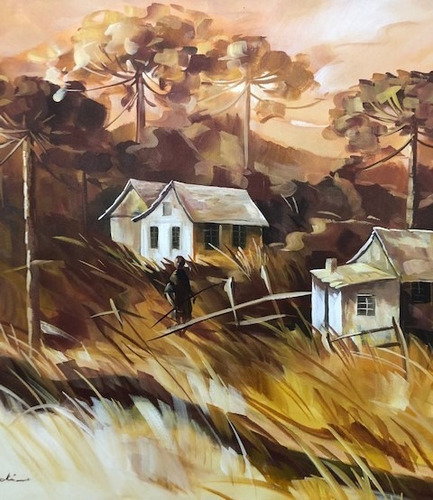 Imagem 3 de 5 de Obra/quadro Acrílico S/tela Painel Paisagem Ocre 60x80cm