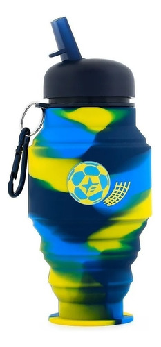 Botella Silicona Footy Copa Fútbol Flexible Azul Y Amarillo