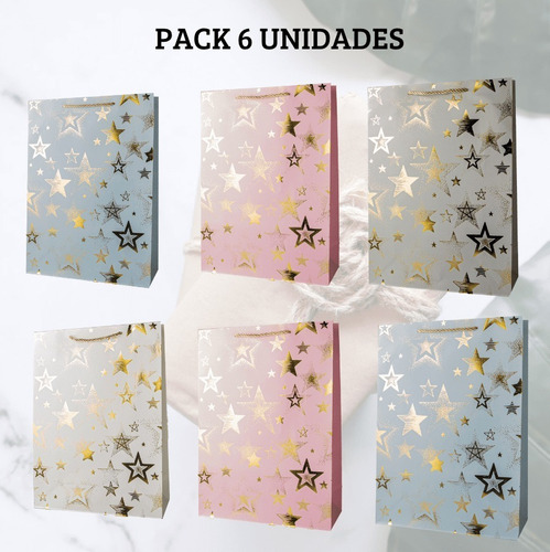 Pack De 6 Bolsa De Regalo Grande Diseño Estrellas Colores
