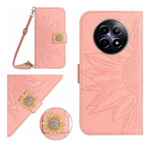 Funda Con Tapa Para Realme 13 Plus, 5 G, De Piel, Forma De Girasol, Con Ranura Para Tarjetas, Soporte, Función Atril, Protector Con Un Cordón Largo