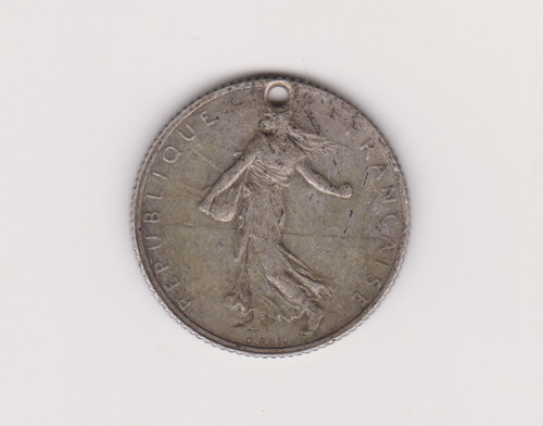 Moneda Francia 1 Franco Año 1919 Plata Muy Buena + Perforada (Usado)