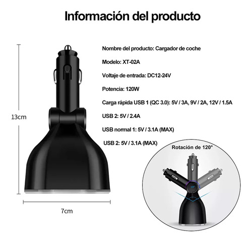 Cargador Doble Usb De 2 Vías Para Encendedor De Coche Negro