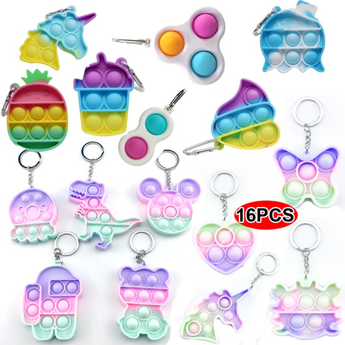 16 Unids Simple Hoyuelos Pop It Llavero Fidget Juguete Antie