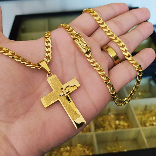 Corrente Fina 6mm Grummet + Pingente Cruz Em Tungstênio Cor Dourado