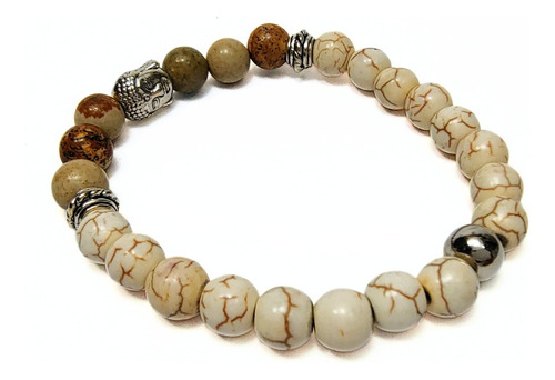 Pulsera De Hombre Piedra Marfil Y Jaspe Madera + Dije Buda