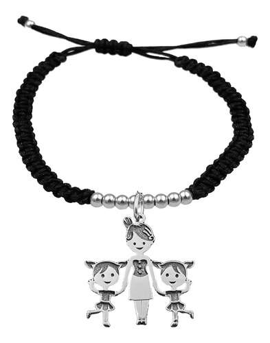 Pulsera Bolitas Mama 2 Niñas Plata 925 Negra