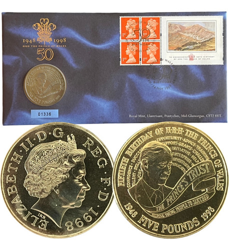 Moeda Ofic 5£ 1998 50 Anos Príncipe Charles Lacrada -encarte