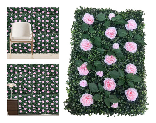 Panel De Pared De Césped Artificial Con Flores Panel Rosa