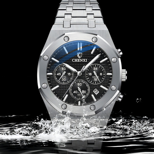 Reloj De Cuarzo Chenxi Moon Phase Chronograph Color Del Fondo Dorado/negro
