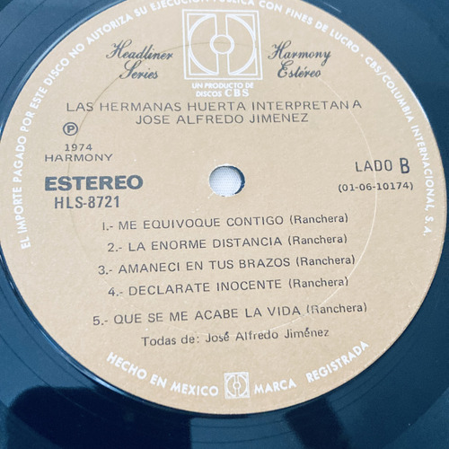 Hermanas Huerta / Jose Alfredo Jimenez Vinilo 1974 Mx (Usado)