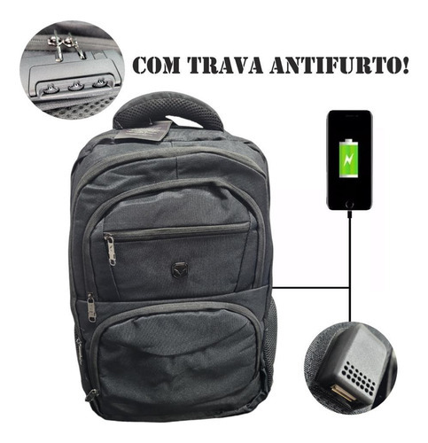 Bolsa Mochila Masculina Grande Notebook Antifurto Trava Usb