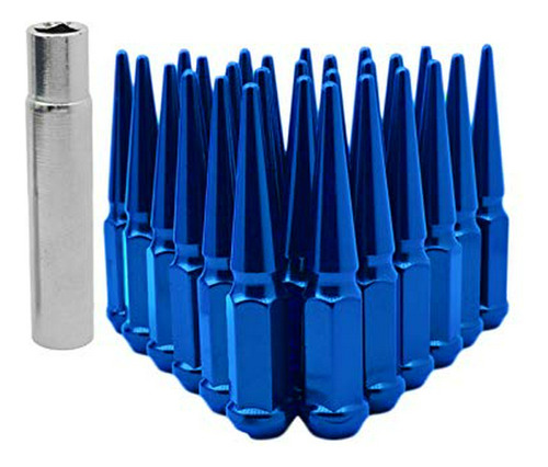 20pc M12x1.5 Tall 4.5  Solid Blue Spike Lug Nuts With Lockin