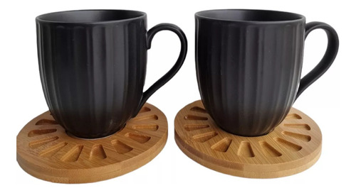 Set 2 Tazas Porcelana Negra Plato De Bamboo Y Cuchara 320ml