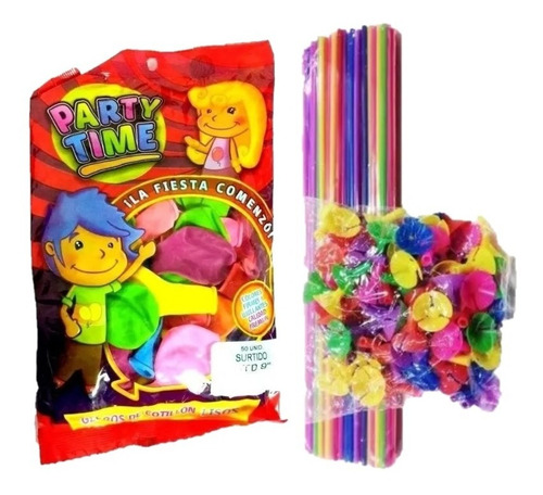 50 Globos Multicolor Lisos De 9  + 50 Palitos Portaglobos