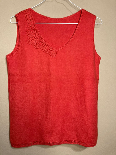 Musculosa Tejida Vintage Con Apliques En Crochet Rojo