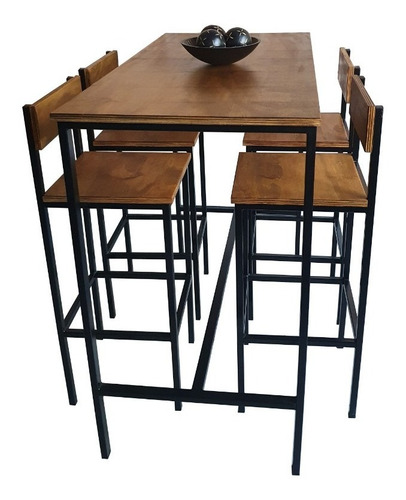 Imagen 1 de 8 de Mesa Barra Apoyo 120x60 + 4 Taburetes Respaldo Industrial