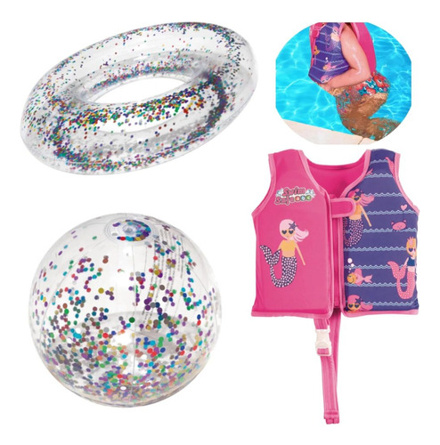 Kit Colete Infantil Rosa Tamanho M/g + Bola E Boia Inflável