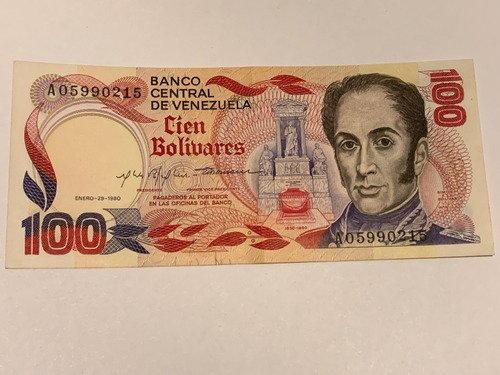 Billete De 100 Bolívares A8 Enero 29 1980 Simón Bolívar Au