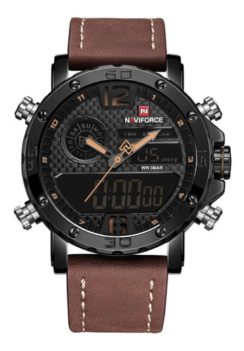 Relógio de pulso Naviforce NF9134 com corpo preto,  analógico-digital, para masculino, fundo  preto, com correia de couro cor marrom, agulhas cor cinza e bege, subdials de cor preto e bege, ponteiro de minutos/segundos preto, bisel cor preto e fivela simples