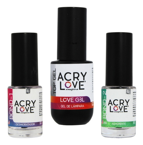 Pack. Top Coat Gel Para Uñas + Bond 1 Y Bond 2. Acry Love 