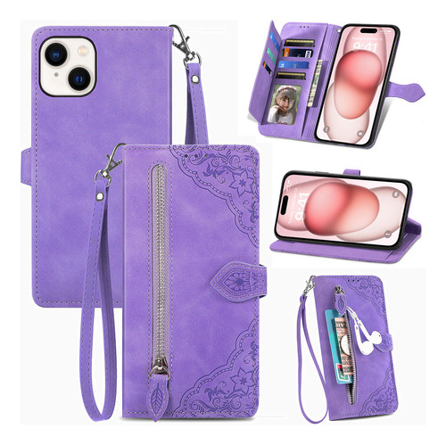 Funda De Piel Tipo Cartera Con Cremallera Para iPhone 15 Plu