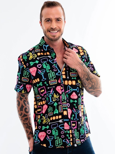 Camisa Neon Estampada Preta Festa Estilosa Masculina Social