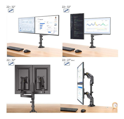 Imagen 6 de 11 de Soporte Brazo Monitor Para 2 Pantallas Lcd Led Escritorio Color Negro
