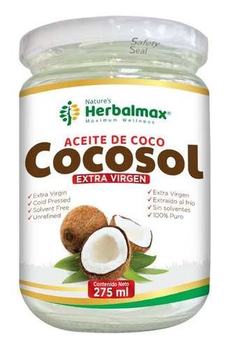 Aceite De Coco Cocosol Extra Virgen 100% Puro 275 Ml 