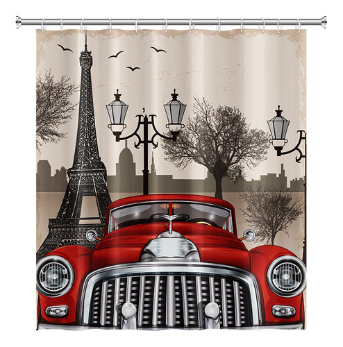Renaiss Cortina Ducha Paris Rojo Clasico Coche Torre Eiffel