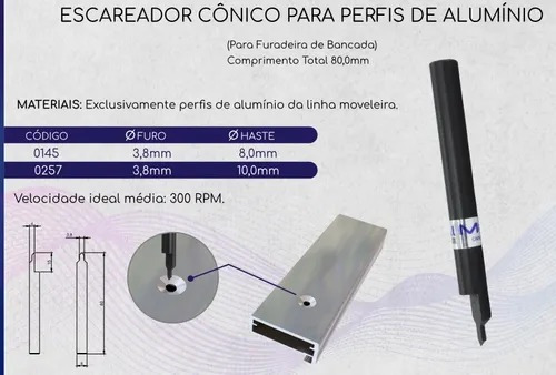 Escareador Conico 45° 8mm P Perfil De Aluminio Com Haste 8mm