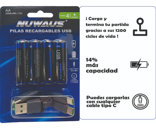 Pilas Recargables Nuwaus Aa X4 Mejoradas Con Más Capacidad