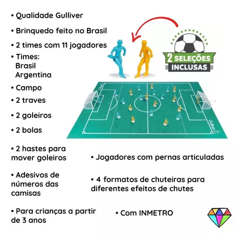 Jogo Futebol De Botão Completo Com Seleções 2 Times Original Gulliver Bolão  Mesa Classicos Brasil Argentina Seleções copa do mundo 2 times 2 jogadores