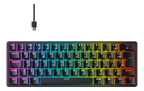 Teclado gamer Hyrax Teclado mecanico gamer hyrax thunder hck61b rgb ABNT 2 português Brasil cor preto com luz RGB