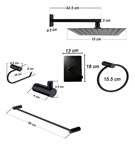 Juego Baño Cuadrado Regadera 15cm Monomando 6 Pz Negro Lujo