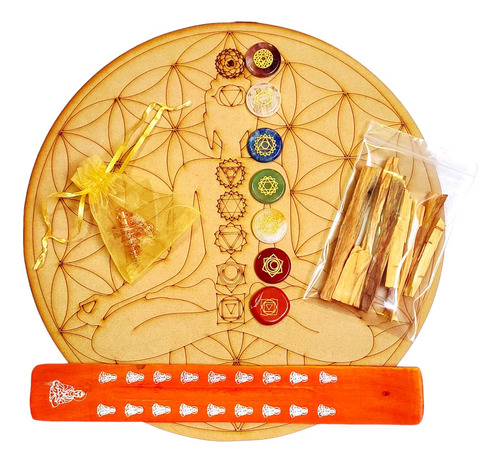 Set Gemas 7 Shakras + Tabla Madera 25cms + Péndulo+palo Sant