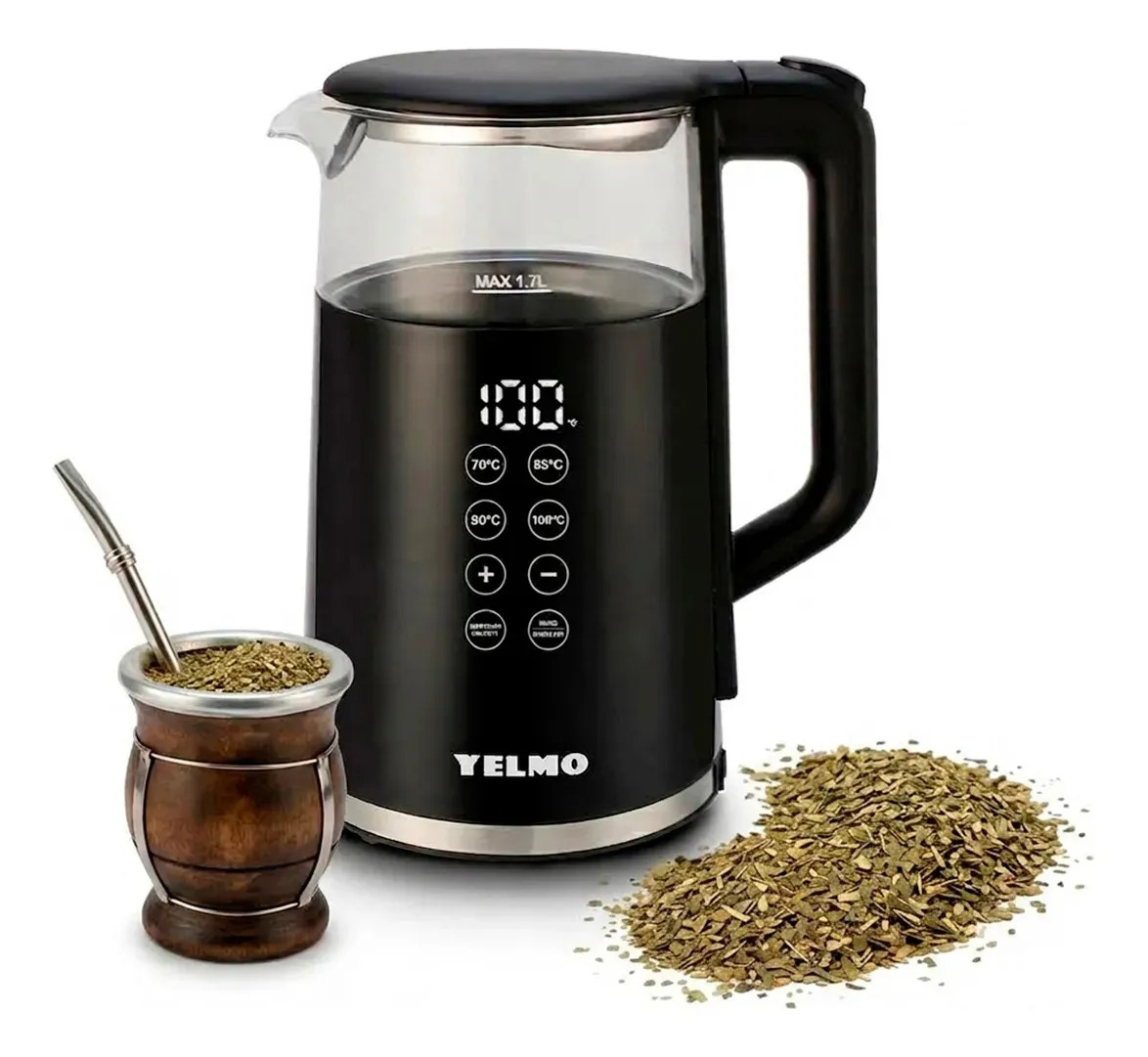 Pava Eléctrica Yelmo Pe-3922 Con Pantalla Digital Y Selección De Temperatura 1.7 Litros Ideal Para Mate Café Te Color Negro
