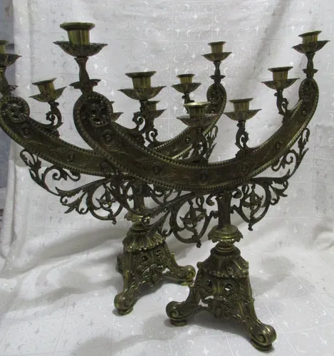 comprar Antiguo Par Candelabros Bronce 6 Velas Siglo 19 Ornamental
