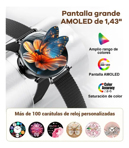Reloj Inteligente Mujer,pantalla Hd 1.43'' Con Llamada Bluetooth Para iPhone Andriod (incluye Dos Correas)fv17-c Negro