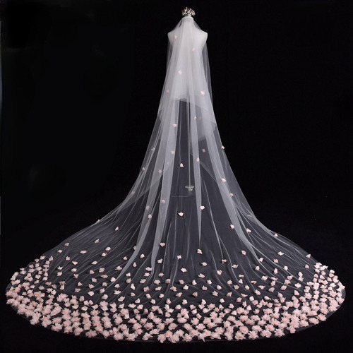 Velo De Novia Mantilla Catedral Boda Con Flores 3d Rosadas Blanco