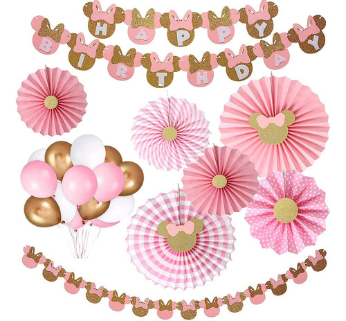 38pcs Minnie Mouse Party Supplies Decoración, Pink Y Gold Mi