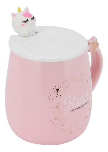 Taza De Cerámica Con Tapa + Cucharita  Unicornio - 380ml