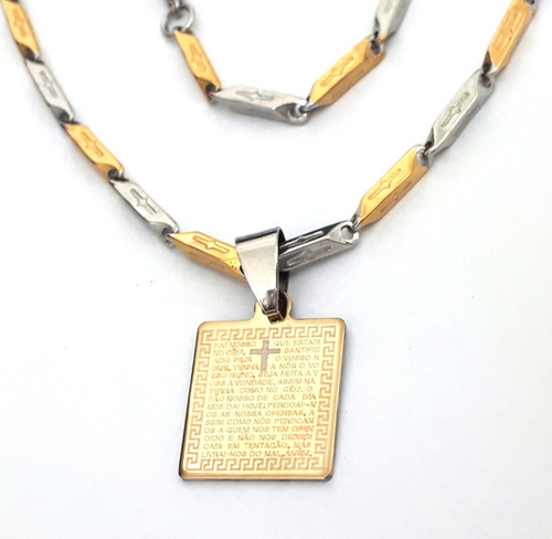 Pingente Placa Pai Nosso+ Cordão Espelhado Aço Prata Dourado